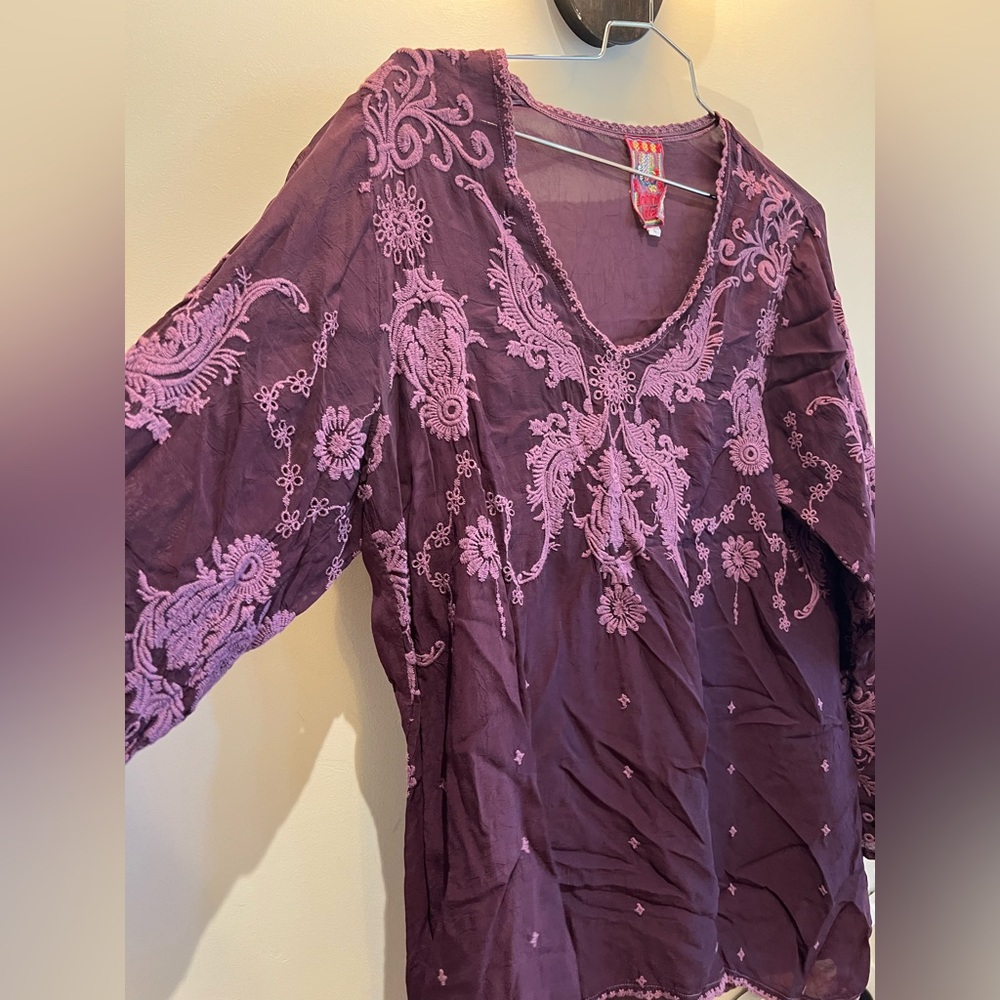 Boho Johnny Was Embroidered V-Neck Women’s Tunic Top L - plum / purple